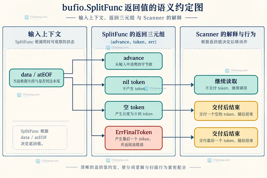 Go bufio SplitFunc 的 data atEOF 与 advance、nil token、空 token、ErrFinalToken 之间的静态契约关系图