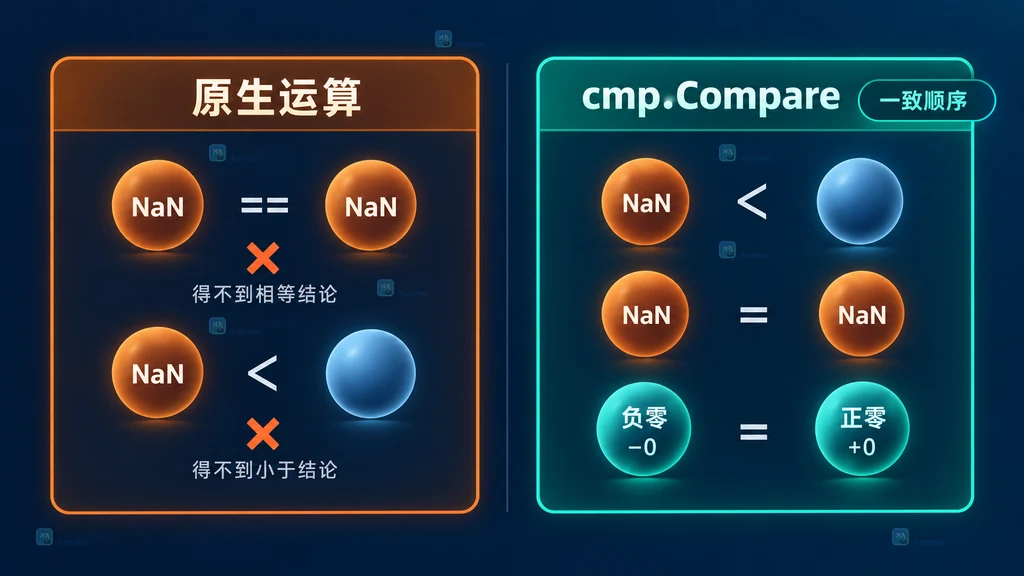 原生浮点运算与 cmp.Compare 处理 NaN 和正负零差异的静态关系图