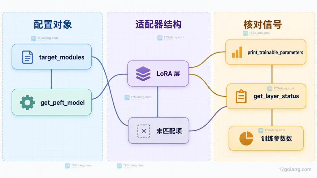PEFT target_modules、LoRA 层与可训练参数核对信号的静态依赖图