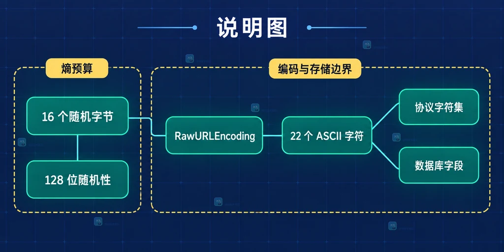 Go 固定随机令牌中原始随机字节、Base64URL编码、字符长度和128位随机性的静态关系