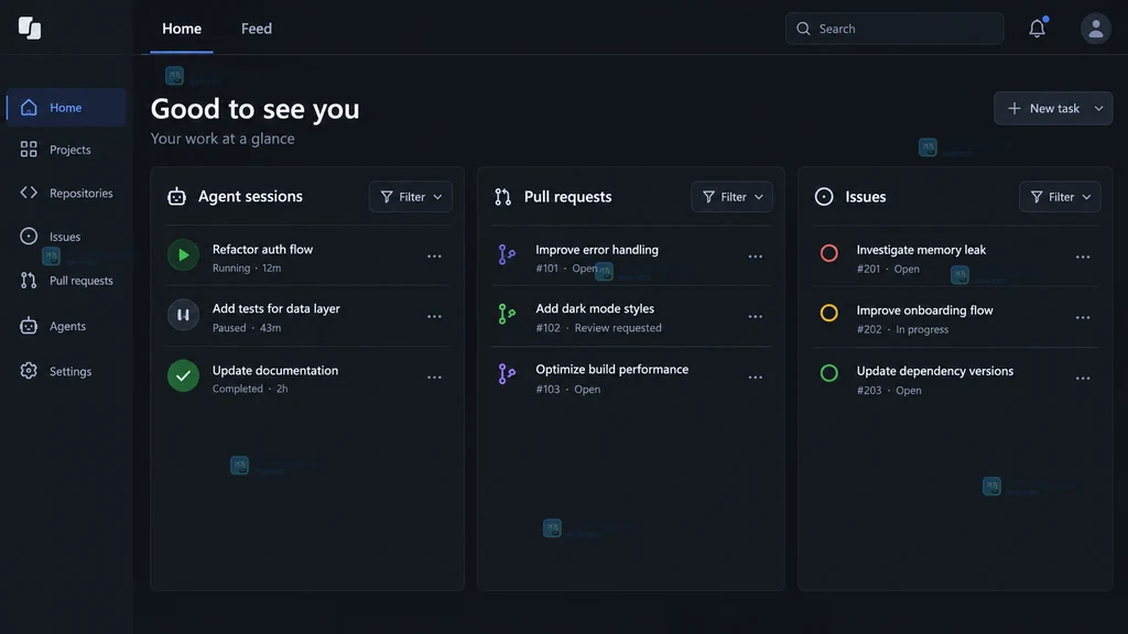 原创 GitHub 风格开发者工作台中 Home、Feed 与三个任务区块的位置说明