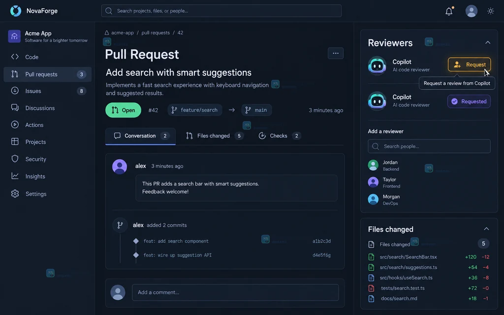 GitHub Copilot Pull Request Reviewers 请求入口的原创界面说明图