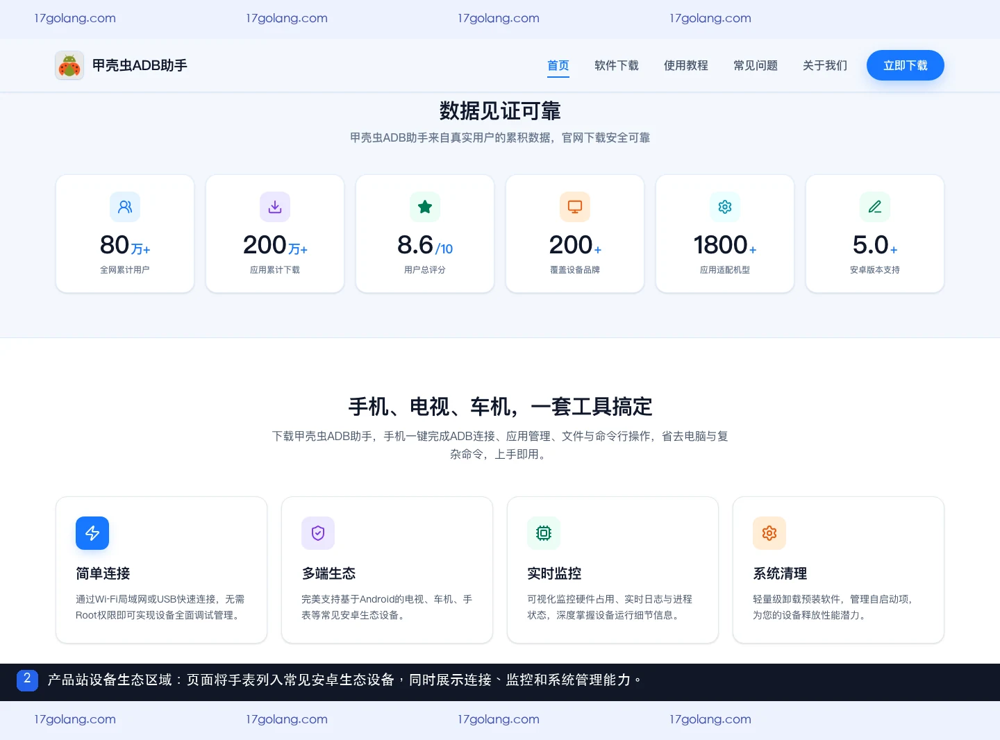 甲壳虫ADB助手产品站设备生态区域,展示手表场景和连接管理能力