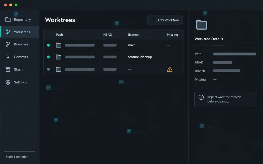 Git worktree 列表说明图，展示主工作树、并行目录、路径和分支字段的对应关系