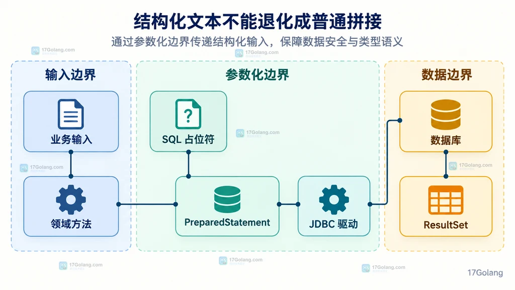 业务输入通过领域方法和 PreparedStatement 参数化边界连接 JDBC 驱动、数据库与 ResultSet 的关系图