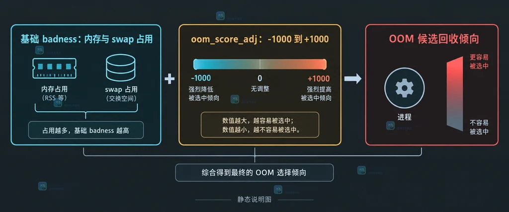 Linux OOM 选择中 oom_score 基础分数与 oom_score_adj 偏置关系的结构说明图