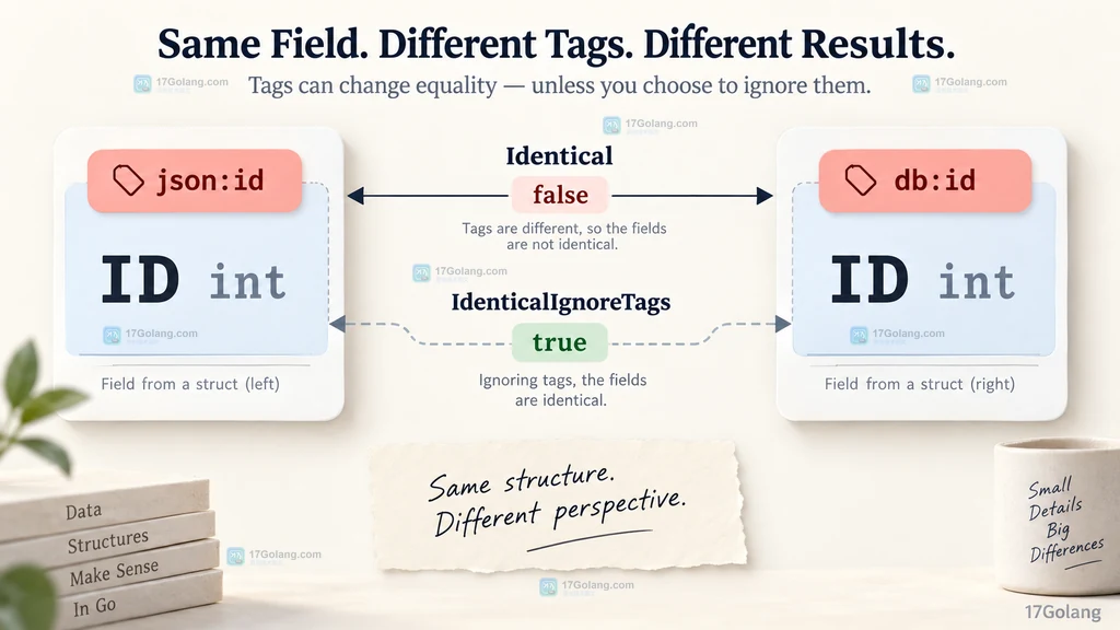 Go types.Identical 和 IdenticalIgnoreTags 比较不同结构体标签时返回不同结果的说明图