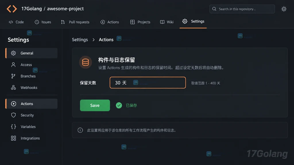 原创 GitHub Actions 仓库设置界面说明图,展示 Actions General 中的保留天数字段和保存按钮