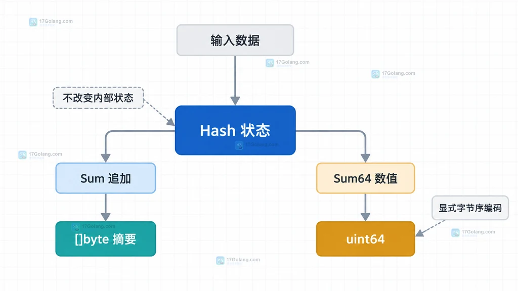 Go Hash 状态通过 Sum 追加字节摘要或通过 Sum64 读取 uint64 的使用边界图