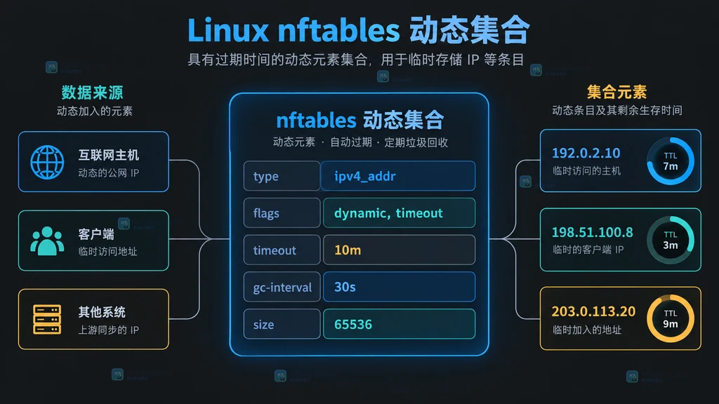 nftables 动态集合的类型、标志、默认超时、回收间隔、容量与元素寿命静态关系图