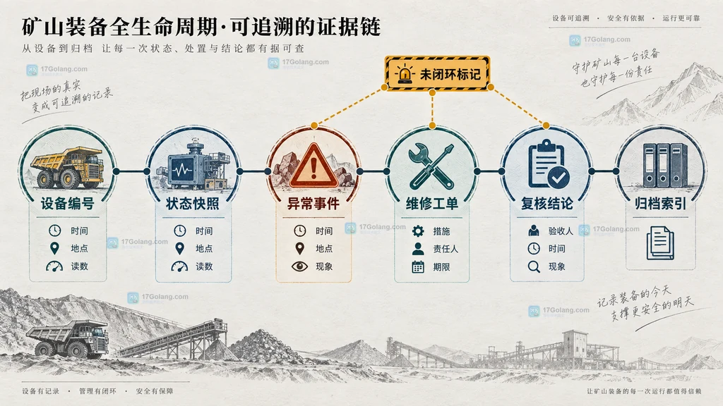 矿山设备编号关联状态快照、异常事件、维修工单、复核结论和归档索引的追溯结构图