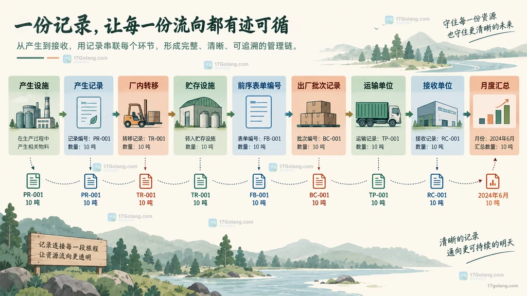 一般工业固废产生、厂内贮存、出厂运输和接收单位之间的台账衔接说明图
