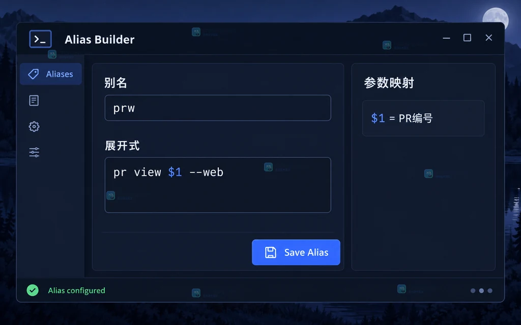 GitHub CLI 多参数 Shell 别名配置示意图
