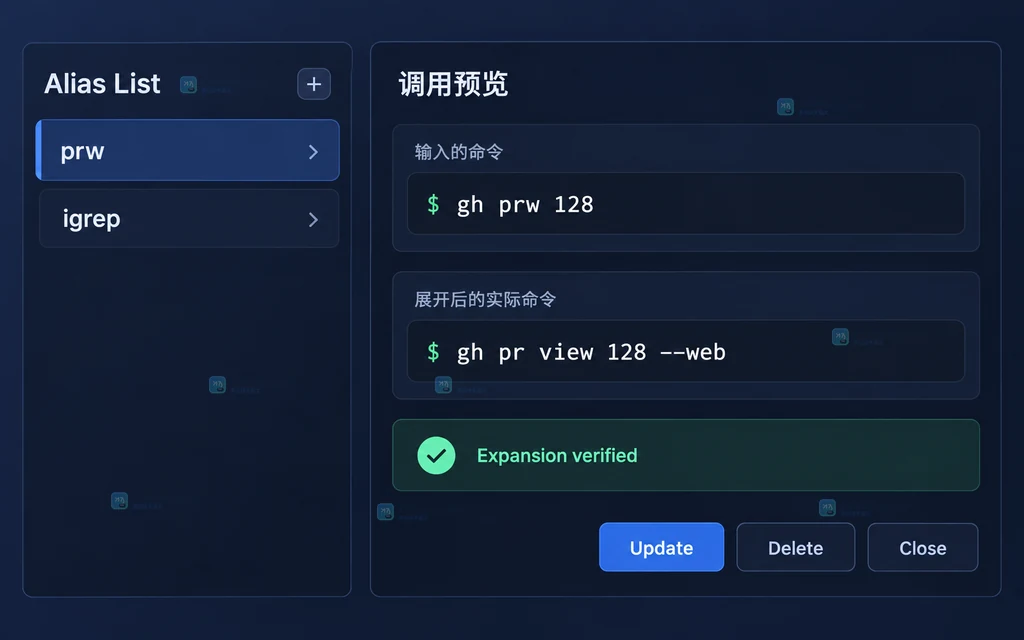 GitHub CLI 普通参数别名配置示意图