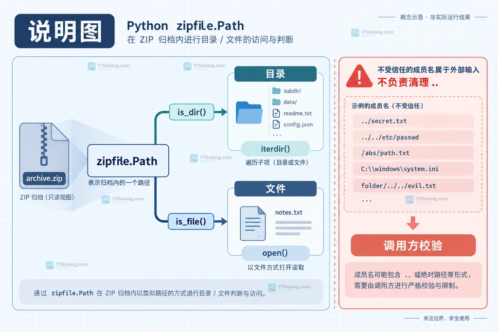 Python zipfile.Path 从 ZipFile 根目录通过斜杠和 iterdir 遍历 ZIP 目录树的结构说明图