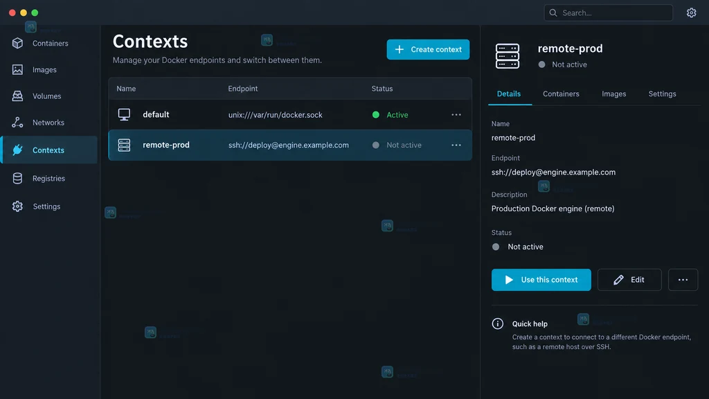 Docker Context 创建说明图,展示 default 本机 endpoint 与 remote-prod SSH 远程 endpoint 的关系