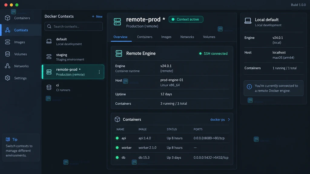 Docker Context 远程切换验证说明图,展示 remote-prod 星号、远程 Engine 信息和容器列表