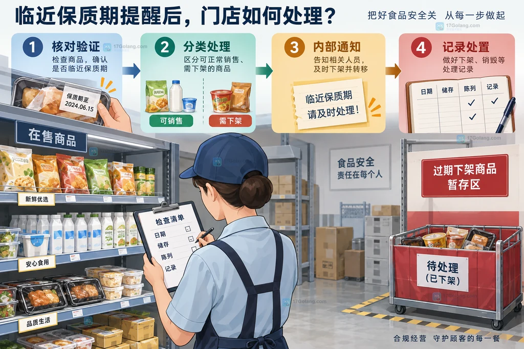 商超临期巡检中的日期、储存、陈列和记录关系说明图