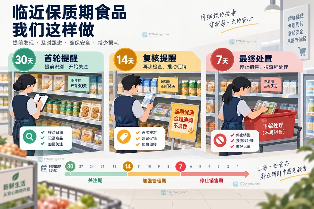 商超临期提醒的首轮、复核和最终处置时间带说明图