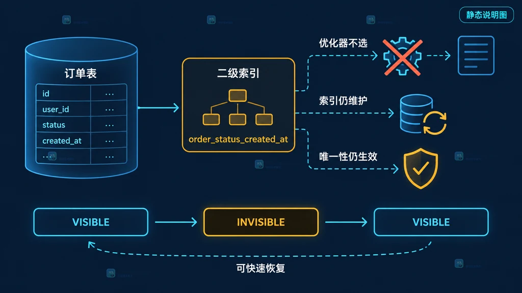 MySQL 不可见索引切换、优化器选择和唯一性约束的结构说明图