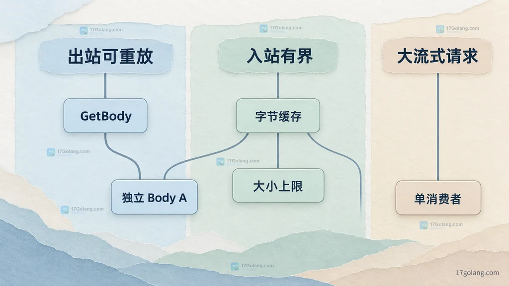 出站可重放、入站有界与大流式请求对应 GetBody、字节缓存和单消费者策略的静态关系图