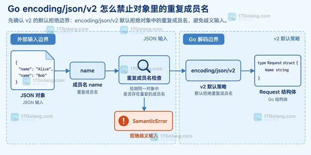 Go encoding/json/v2 怎么禁止对象里的重复成员名