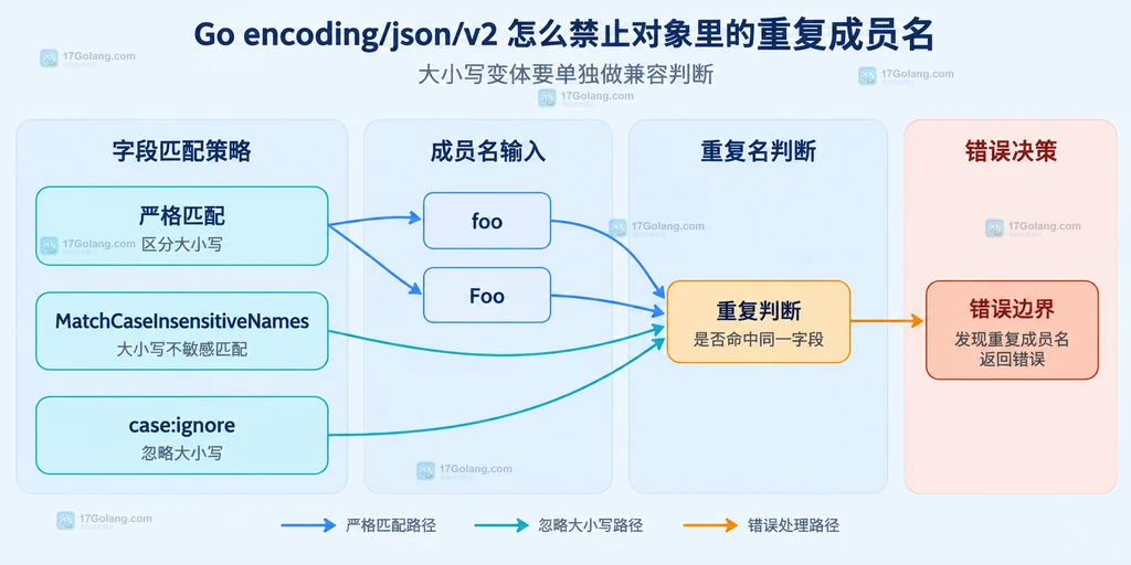 Go encoding/json/v2 严格匹配、大小写忽略、重复成员名和 SemanticError 的静态关系说明图