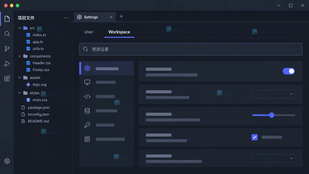 原创代码编辑器界面中 Workspace Settings 标签被选中的说明图