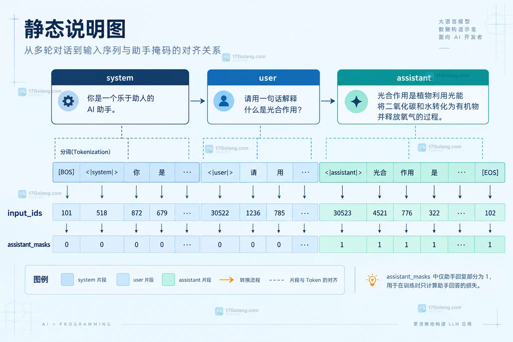 Transformers chat template 中 system、user、assistant token 与 assistant_masks 的边界说明图