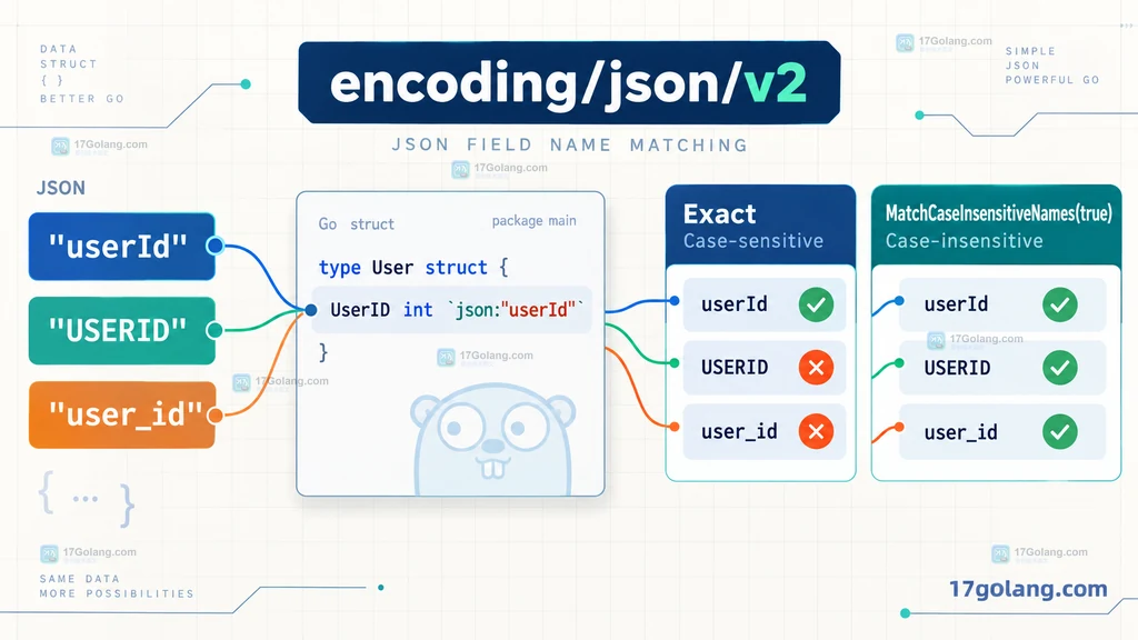 encoding/json/v2 默认精确匹配与 MatchCaseInsensitiveNames 调用级宽松匹配的静态关系