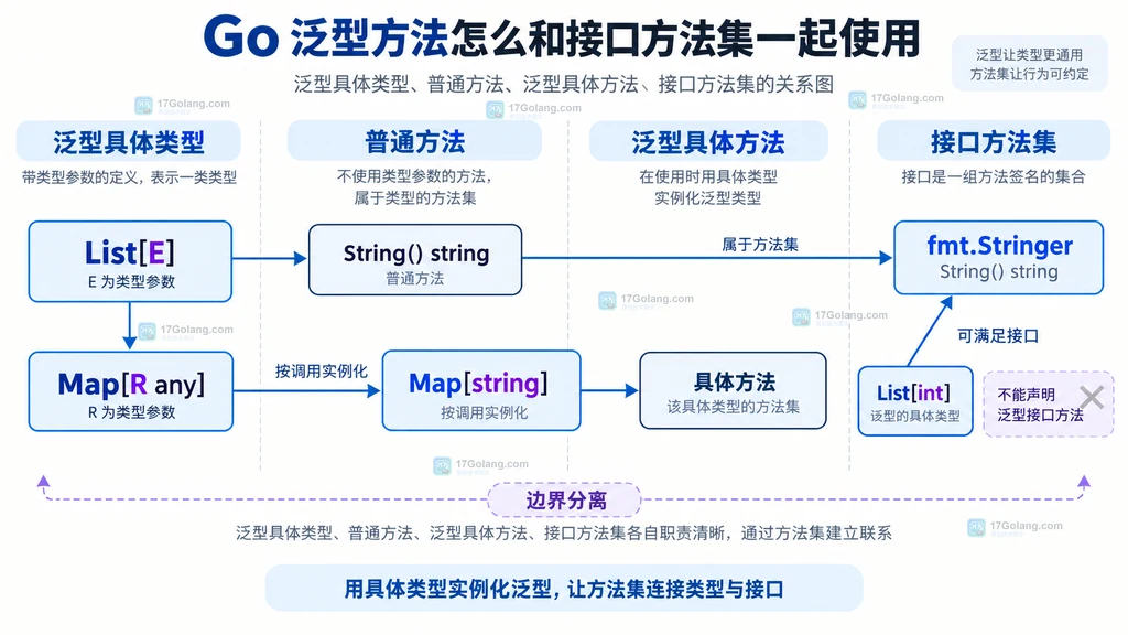 Go 1.27 中普通方法、泛型具体方法和接口方法集的静态边界说明图