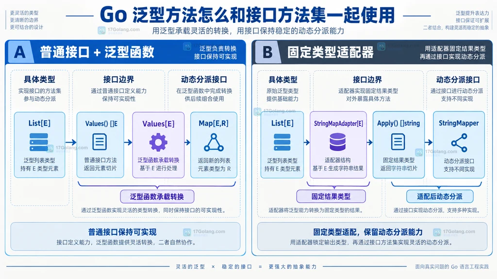 Go 泛型方法通过普通接口加泛型函数或固定类型适配器进行组合的结构图