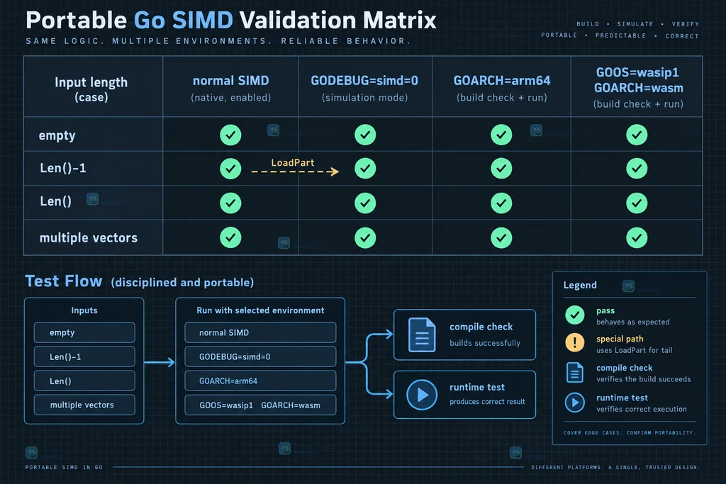 Go simd 向量循环在 amd64、arm64 与 wasm 之间共享的加载乘加和归约结构说明图