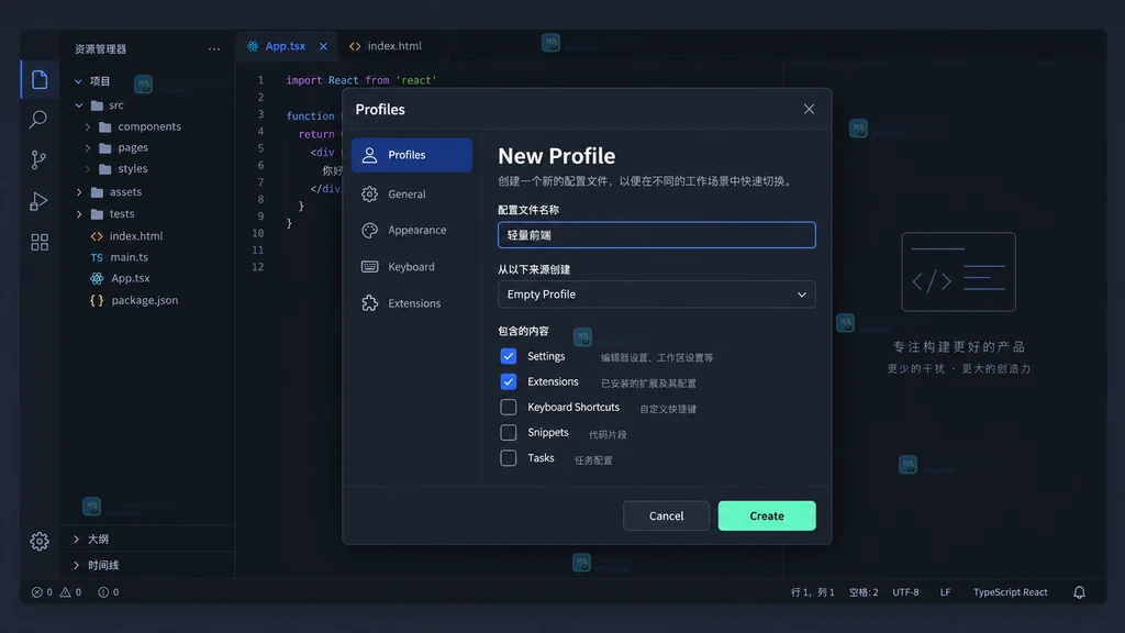 新建轻量前端空 Profile 并只选择 Settings 与 Extensions 的界面说明图
