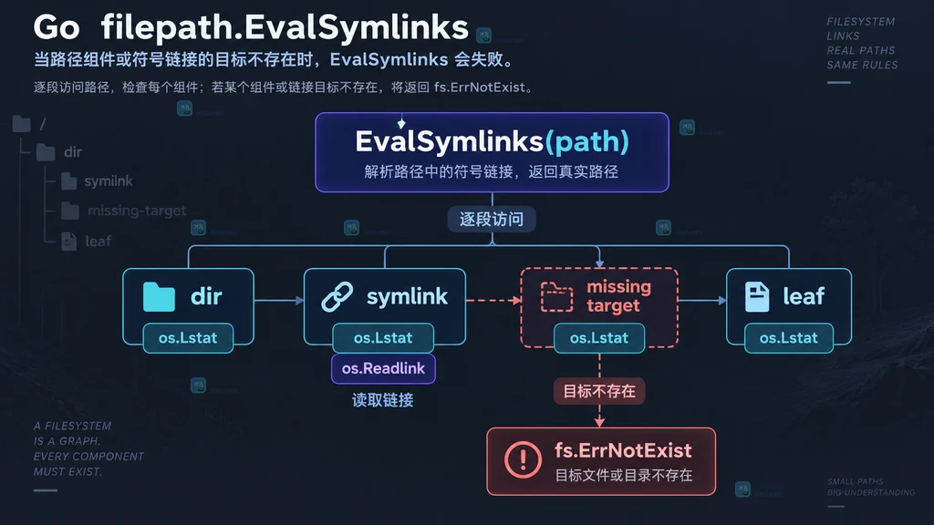 Go EvalSymlinks 逐段访问路径组件并在目标缺失时返回 ErrNotExist 的结构图