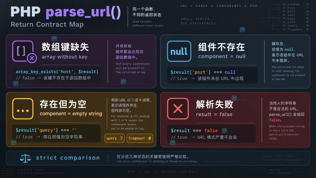 PHP parse_url 缺失键 null 空字符串和 false 返回状态对照图