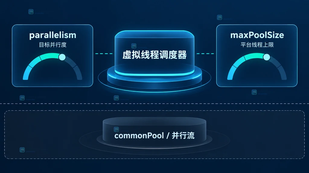 虚拟线程调度器 parallelism 与 maxPoolSize 职责边界示意图