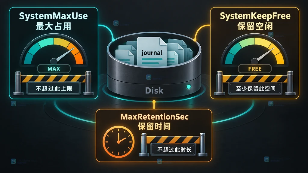 journald 持久日志容量与保留边界示意图