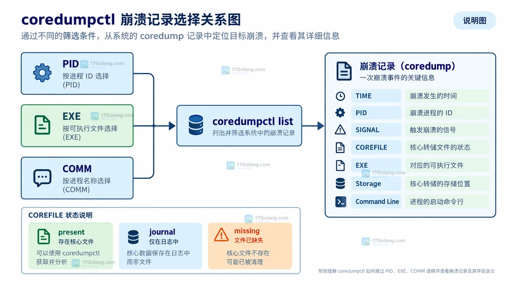 coredumpctl dump 导出 core 后连接可执行文件和 gdb 的静态结构说明图