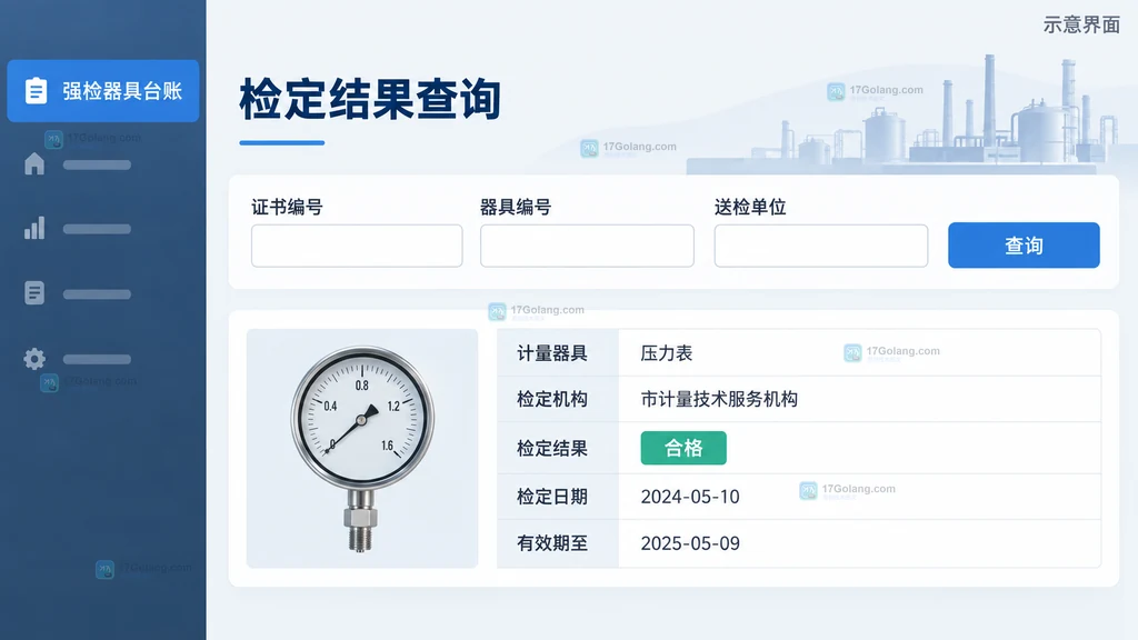 工业计量器具强检台账按证书编号、器具编号和送检单位查询检定结果的原创示意界面