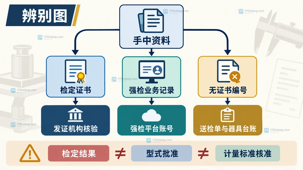 根据检定证书、强检业务记录或送检台账选择工业计量器具检定结果查询来源的辨别图