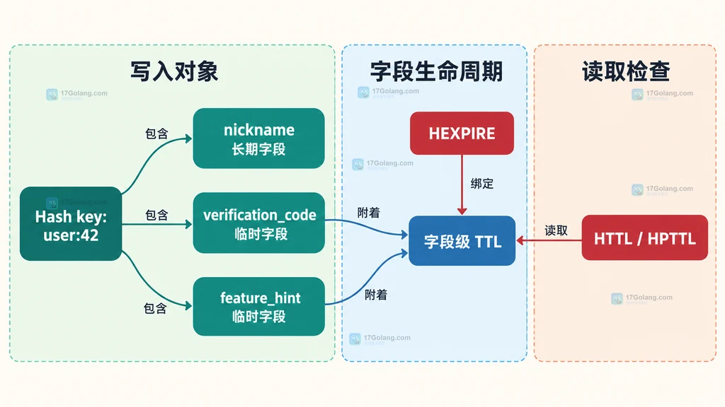 Redis Hash 字段过期命令与持久字段、过期字段和缺失字段状态的静态关系图