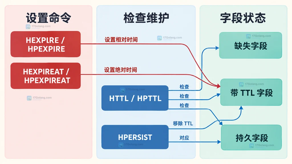 Redis Hash 长期字段、临时字段和字段级 TTL 的静态数据结构图