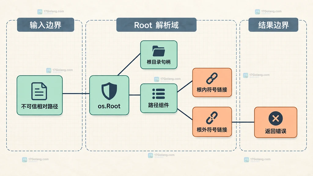 Go os.Root 对根内符号链接和根外符号链接的静态约束关系图