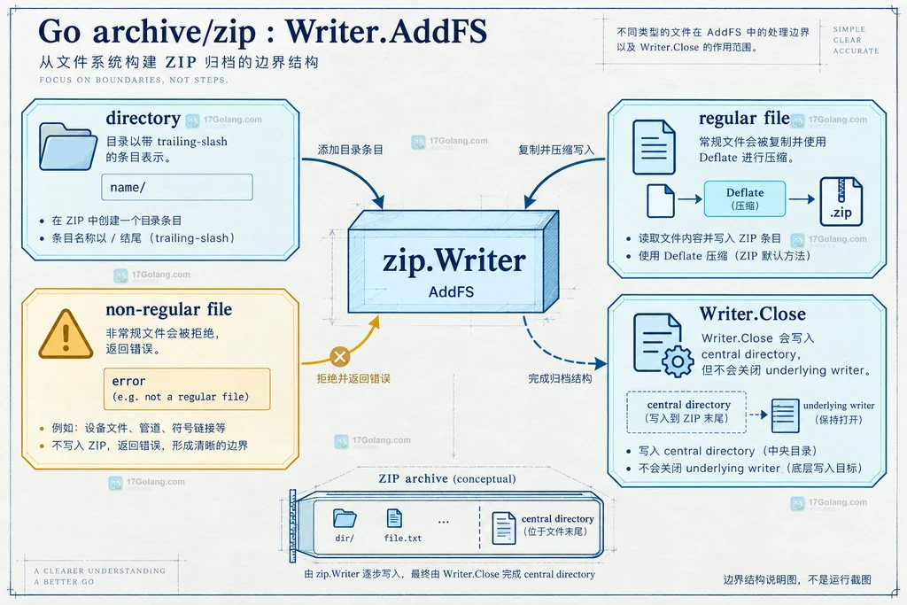 fs.FS 根目录、zip.Writer AddFS、Deflate 与 ZIP 相对路径的结构说明图