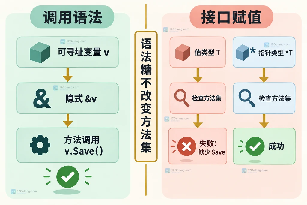 Go 值类型 T、指针类型 *T 与接口 Saver 的方法集边界说明图