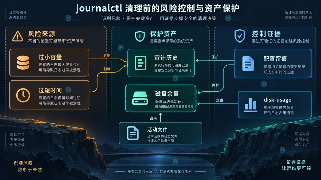 journalctl 日志清理中的磁盘、审计风险与控制证据关系图