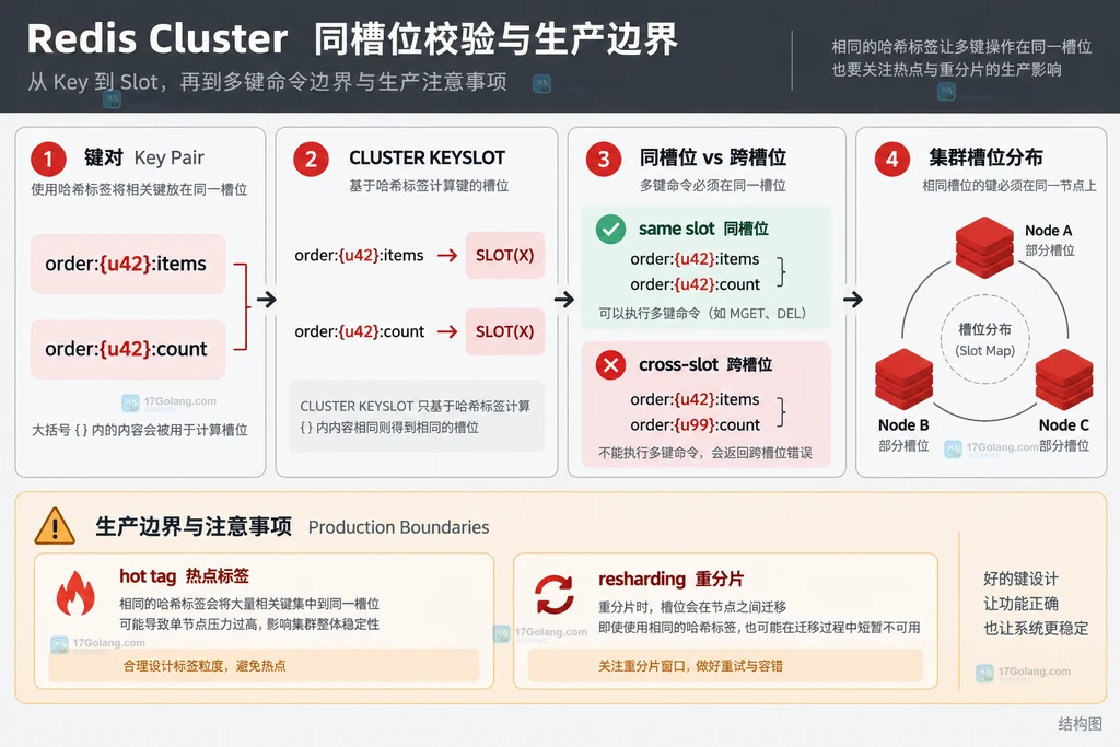 Redis Cluster 普通 key 与 order 花括号哈希标签映射到不同或同一 hash slot 的关系说明图