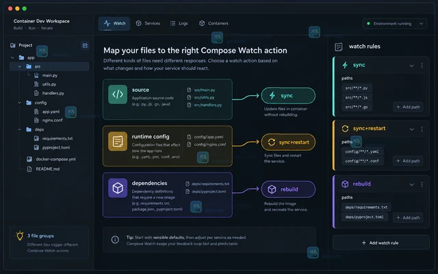 Docker Compose Watch 的 rebuild 和 sync+restart 怎么选