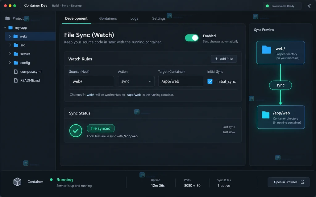Docker Compose Watch sync 规则和容器内文件同步状态的原创软件界面说明图